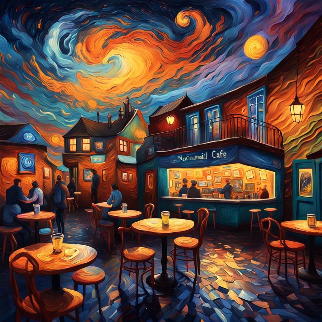 Nocturnal Cafe in a Van Gogh-Inspired World