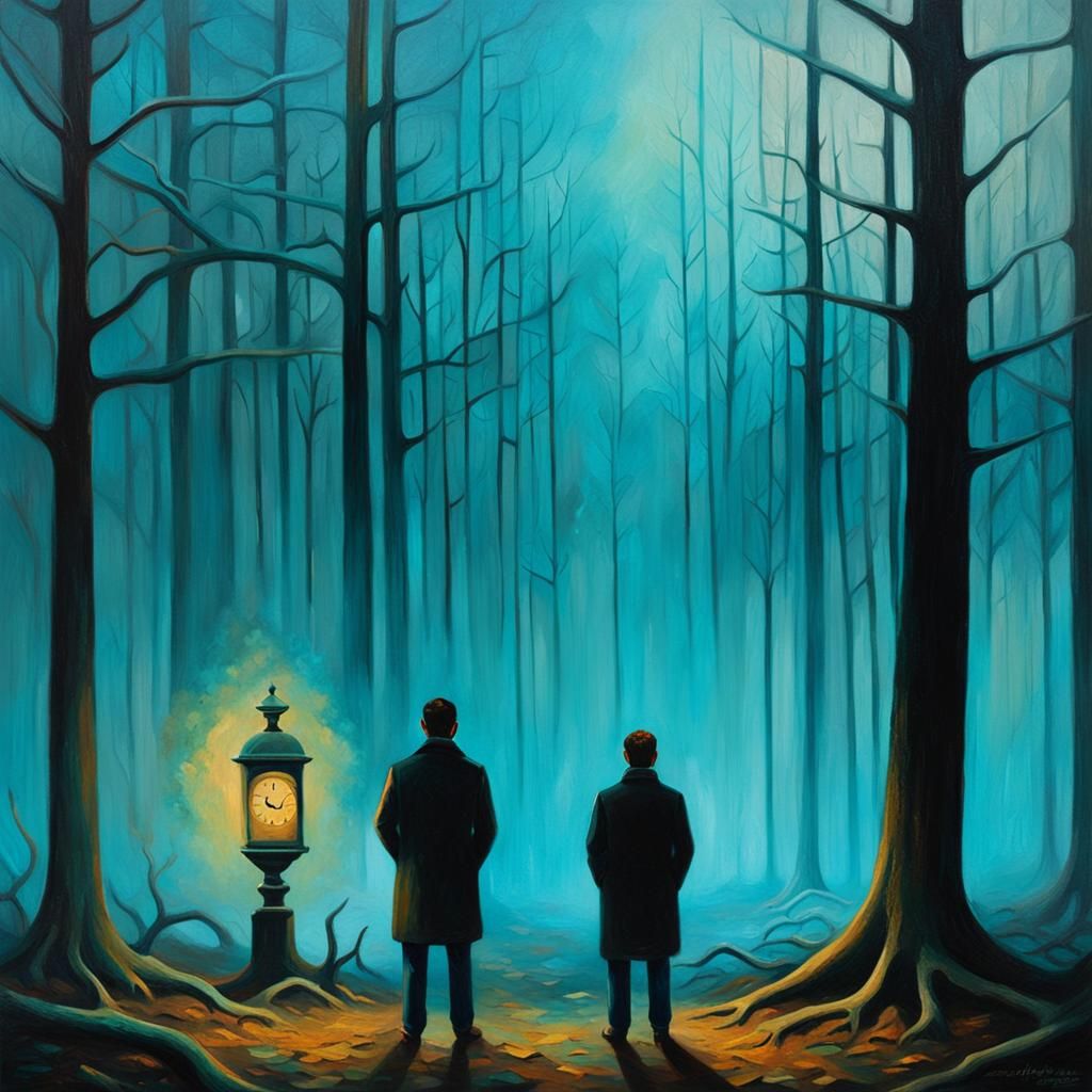 Introspective Figure in Foggy Forest: Surreal Oil Painting