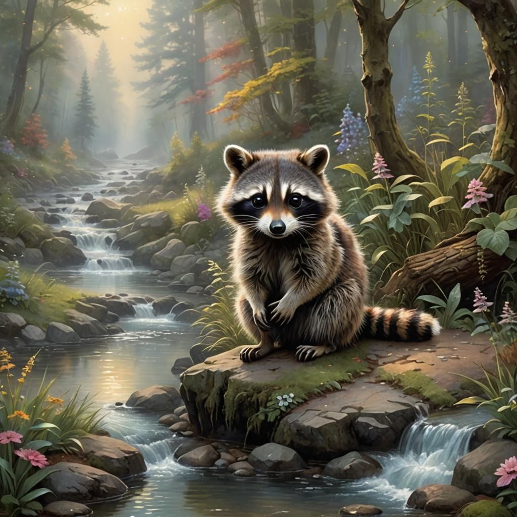 Cute Raccoon by Forest Stream, Fantasy Art