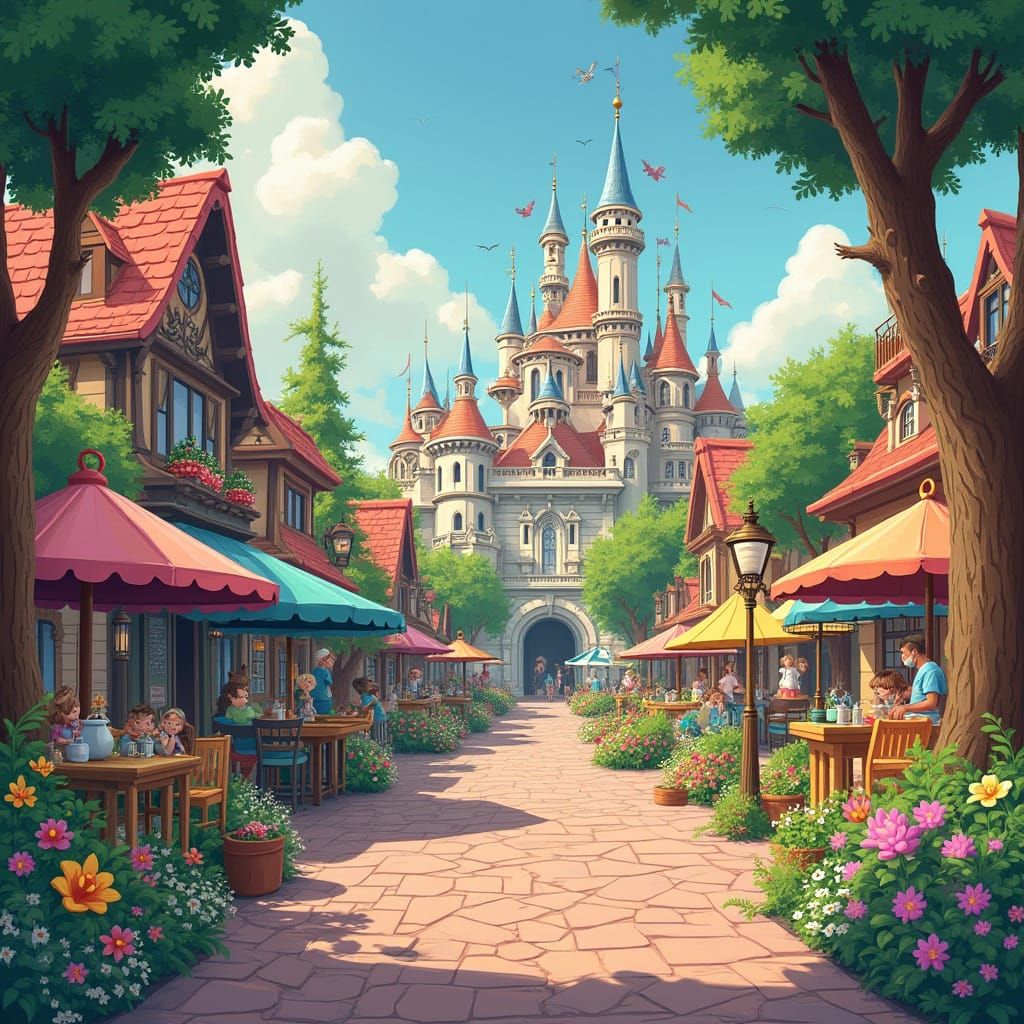 Vibrant Disneyland Scene in Mid-Century Modern Style