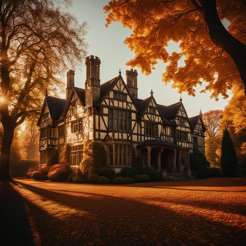 Tudor Mansion in Autumn: A Cinematic Film Still