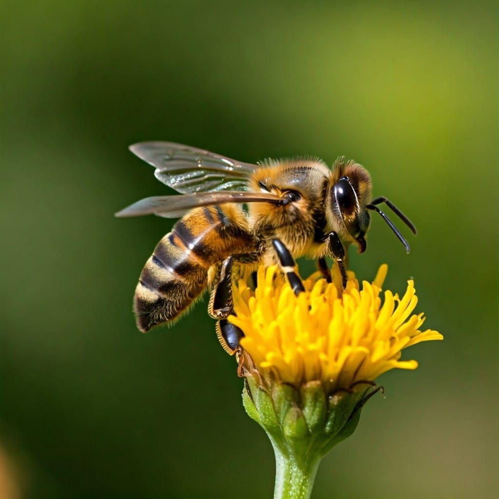 Vibrant Bee in Flight, Shimmering in Sunlit Close-up