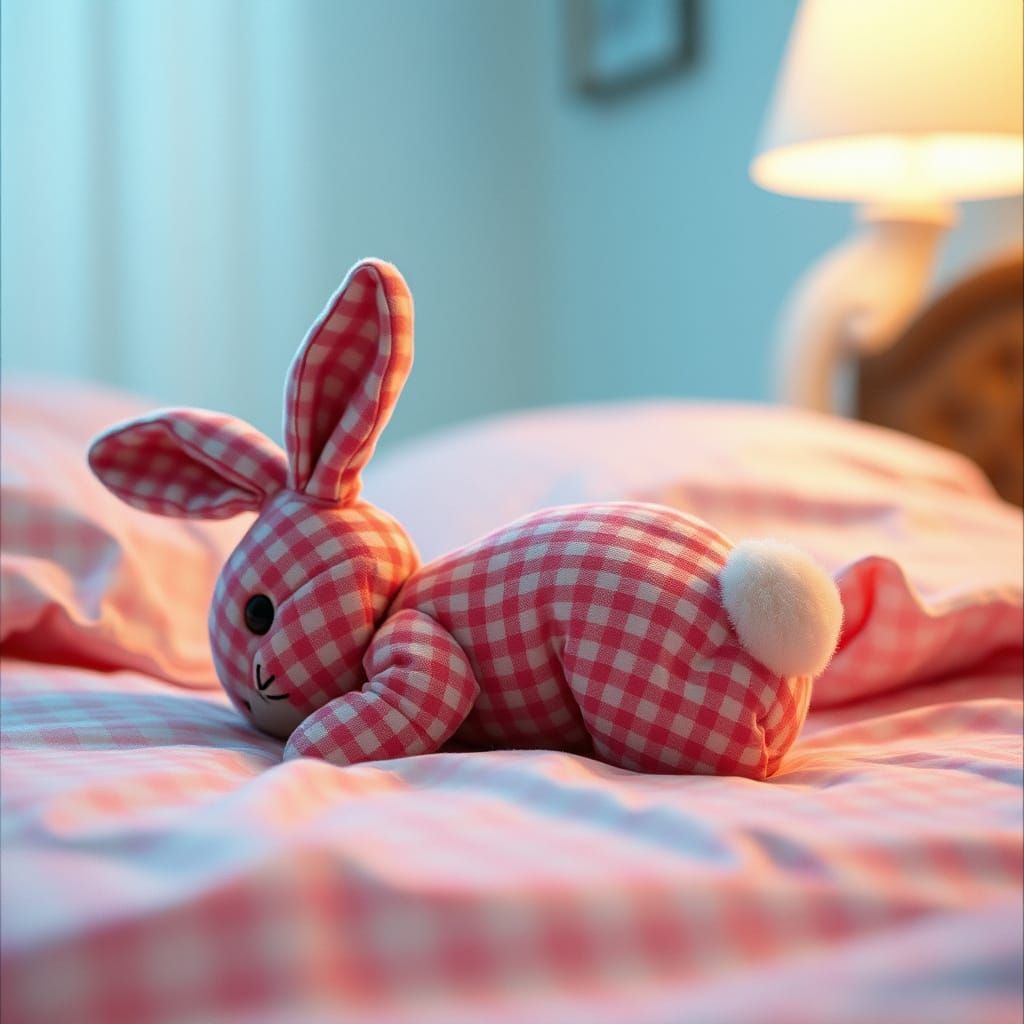 Gingham Bunny Plushie on Vintage Bed