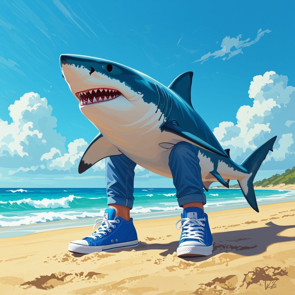 Shark in Blue Sneakers on a Beach