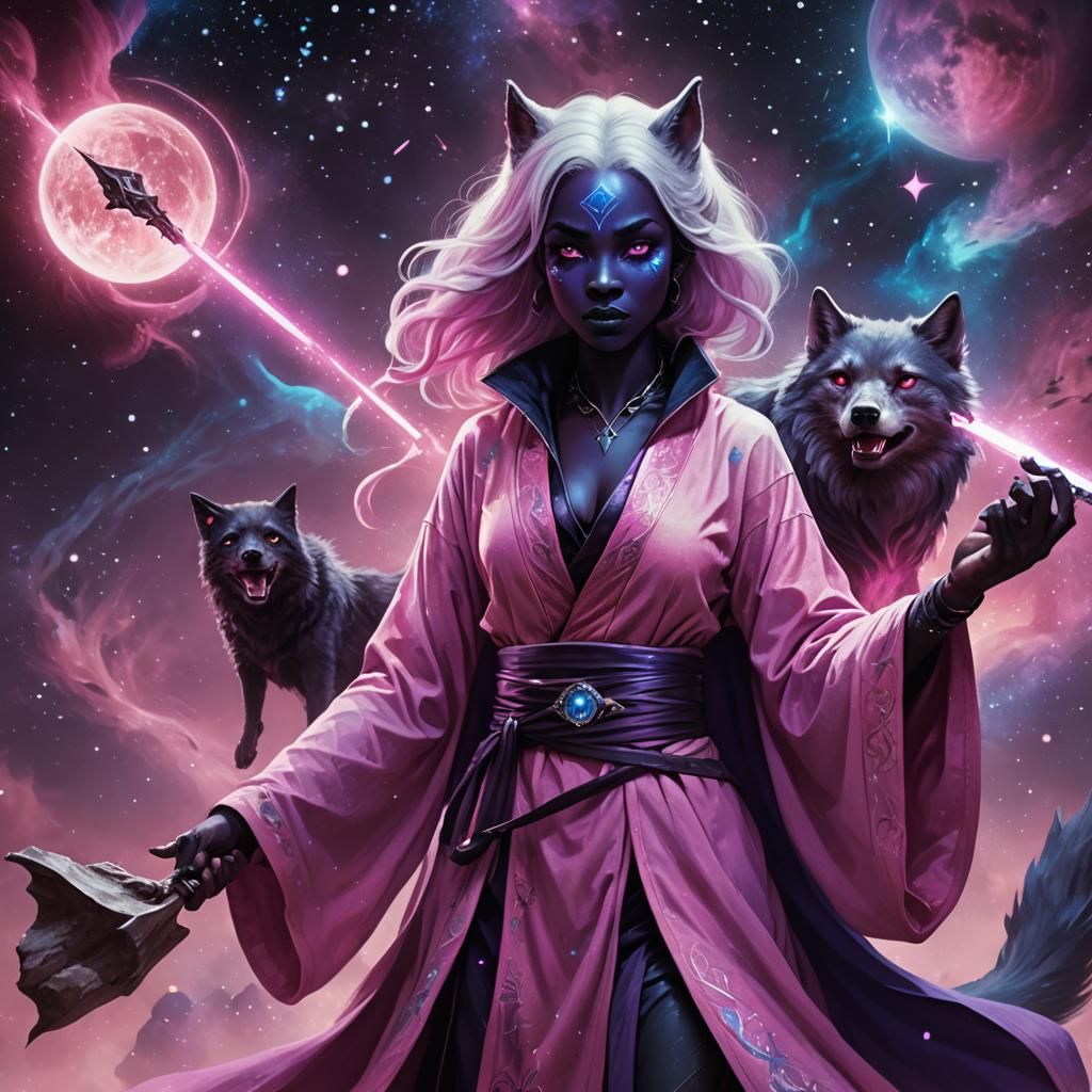 Drow Girl with Magic Wand in Fantasy Space