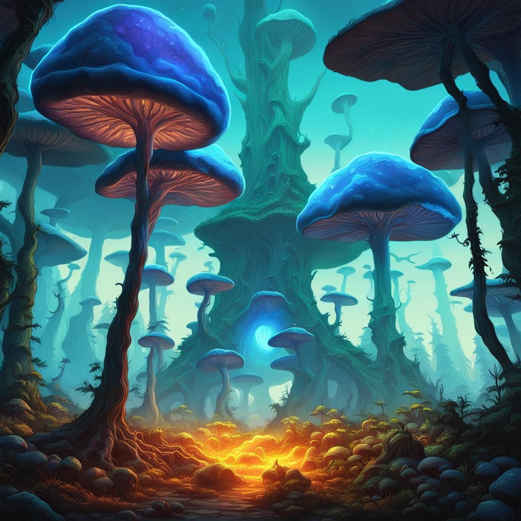 Alien Mushroom Forest Under Blue Moons