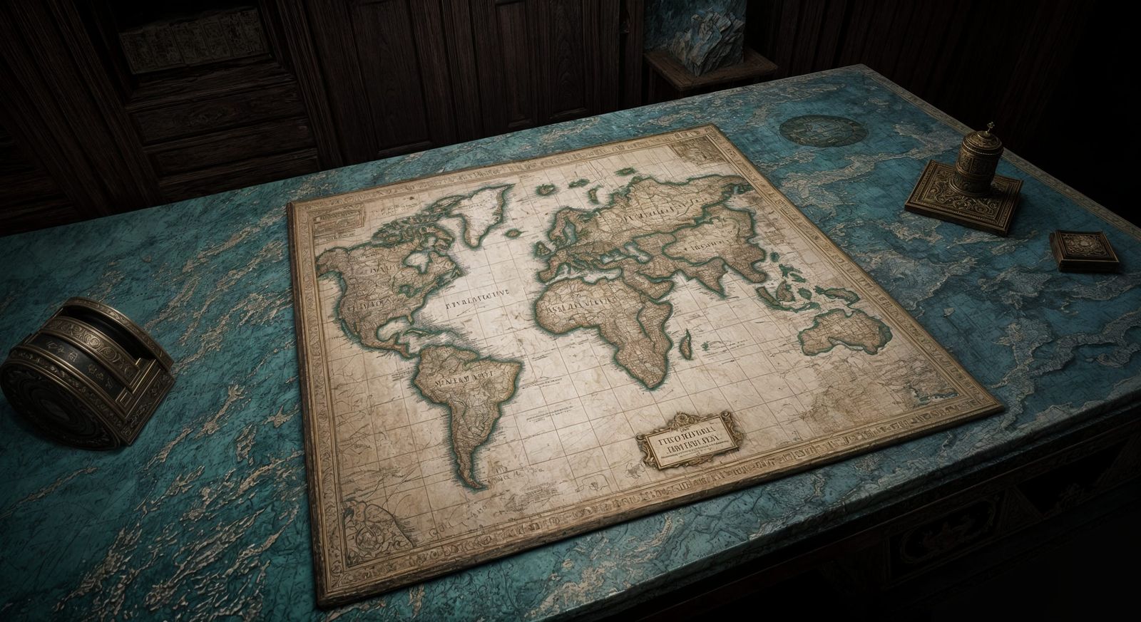 15th Century World Map with God Rays, Detailed Matte Paintin...