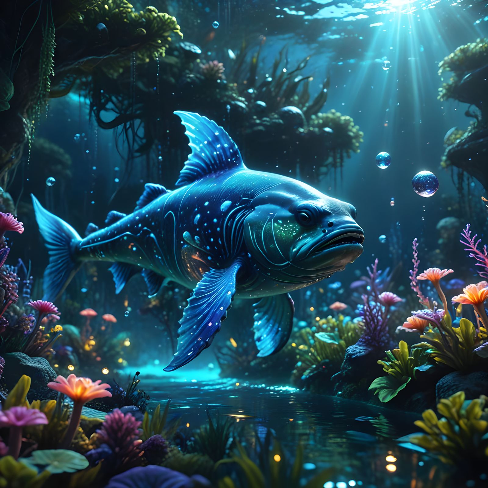 Bioluminescent Sea Creature in Underwater Garden