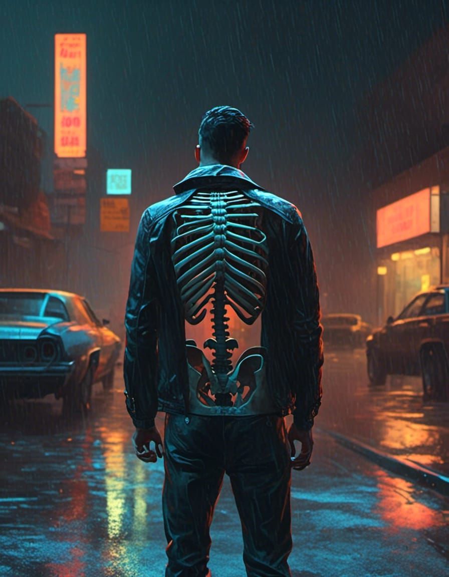Hyperrealistic Skeleton in Rain, Cinematic Photography