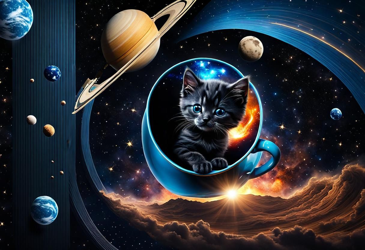 Cosmic Kitten in Teacup Drifting in Space