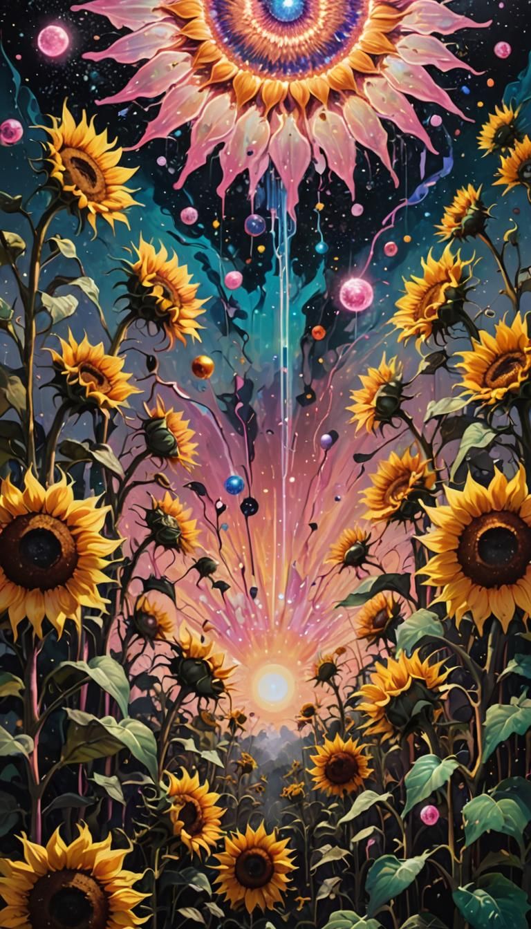 Cosmic Surrealism: Sunflowers and Roses in Holographic Style