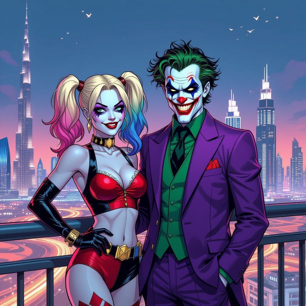Harley Quinn and Joker Overlooking Dubai Skyline