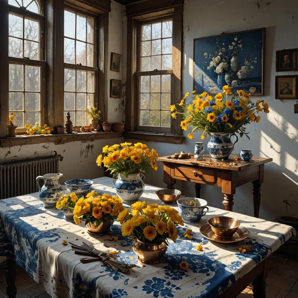 Golden and Blue Flowers in Hyperrealist Style