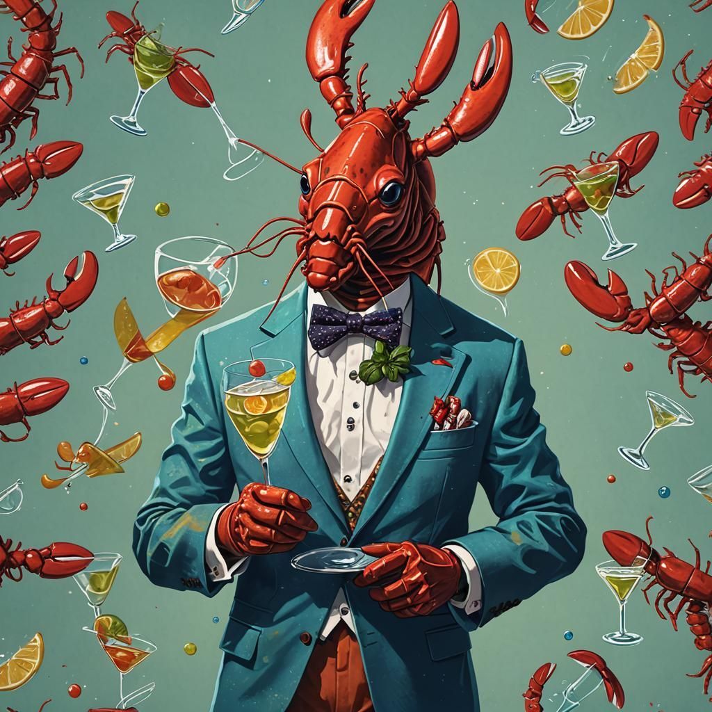 Lobster in a Tuxedo, Holding a Martini in Vibrant Pop Art St...