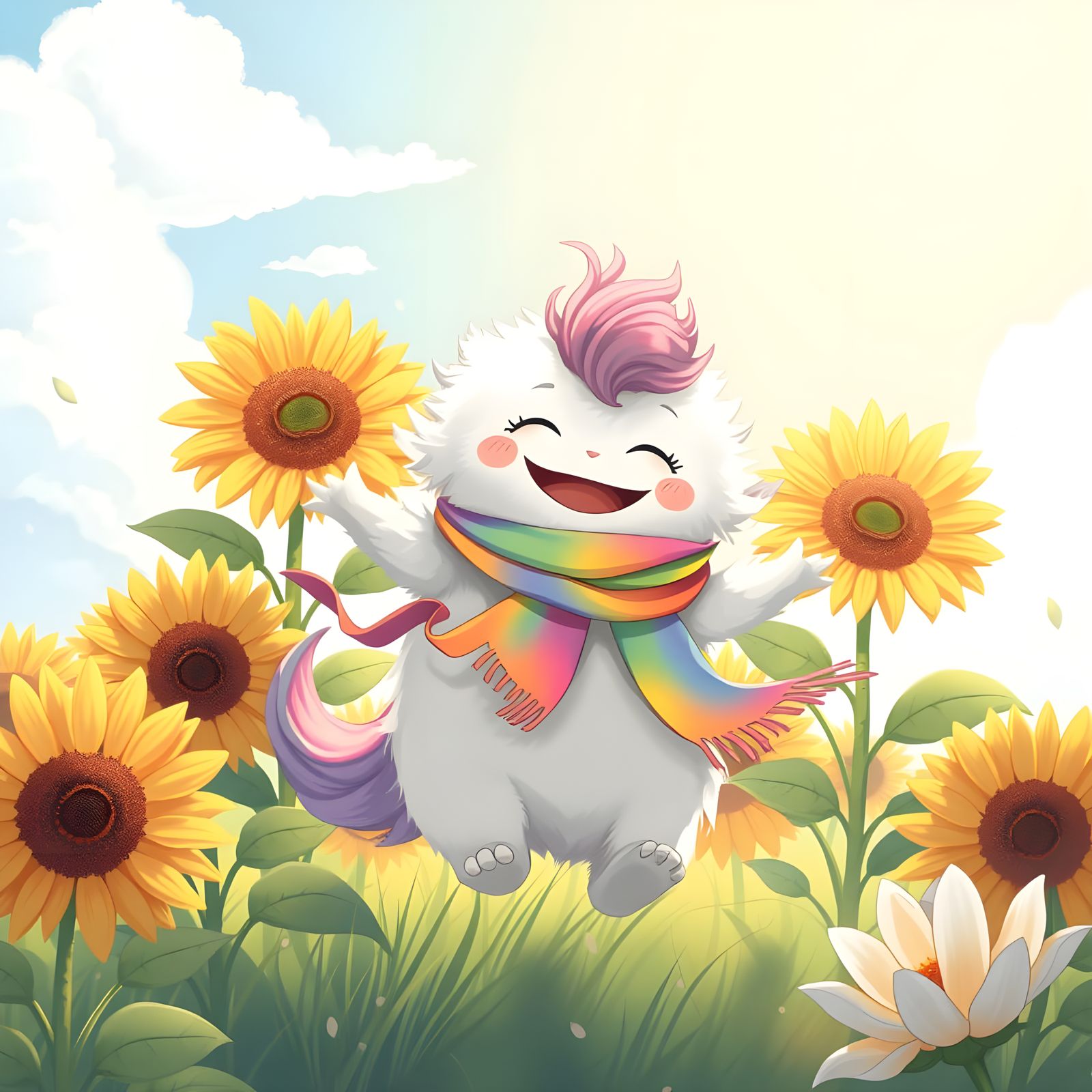 Whimsical Cloud Monster Frolics in a Sunny Field of Sunflowe...