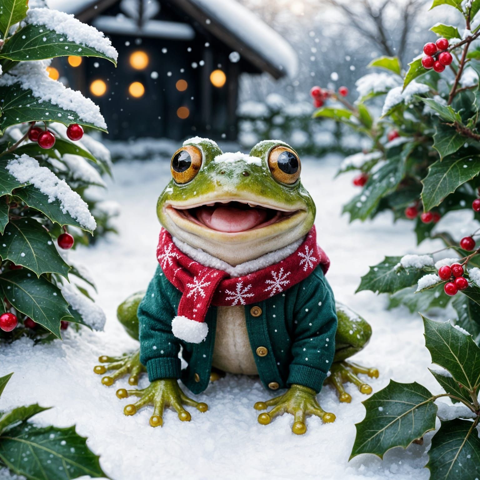 Adorable Smiling Christmas Frog in Snowy Garden