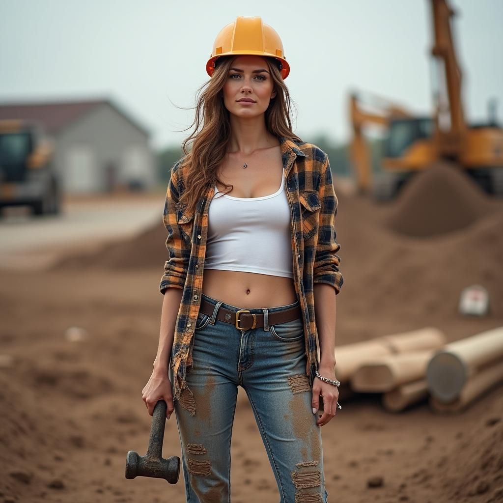 Gorgeous but muddy woman wearing jeans a n open flannel shir...