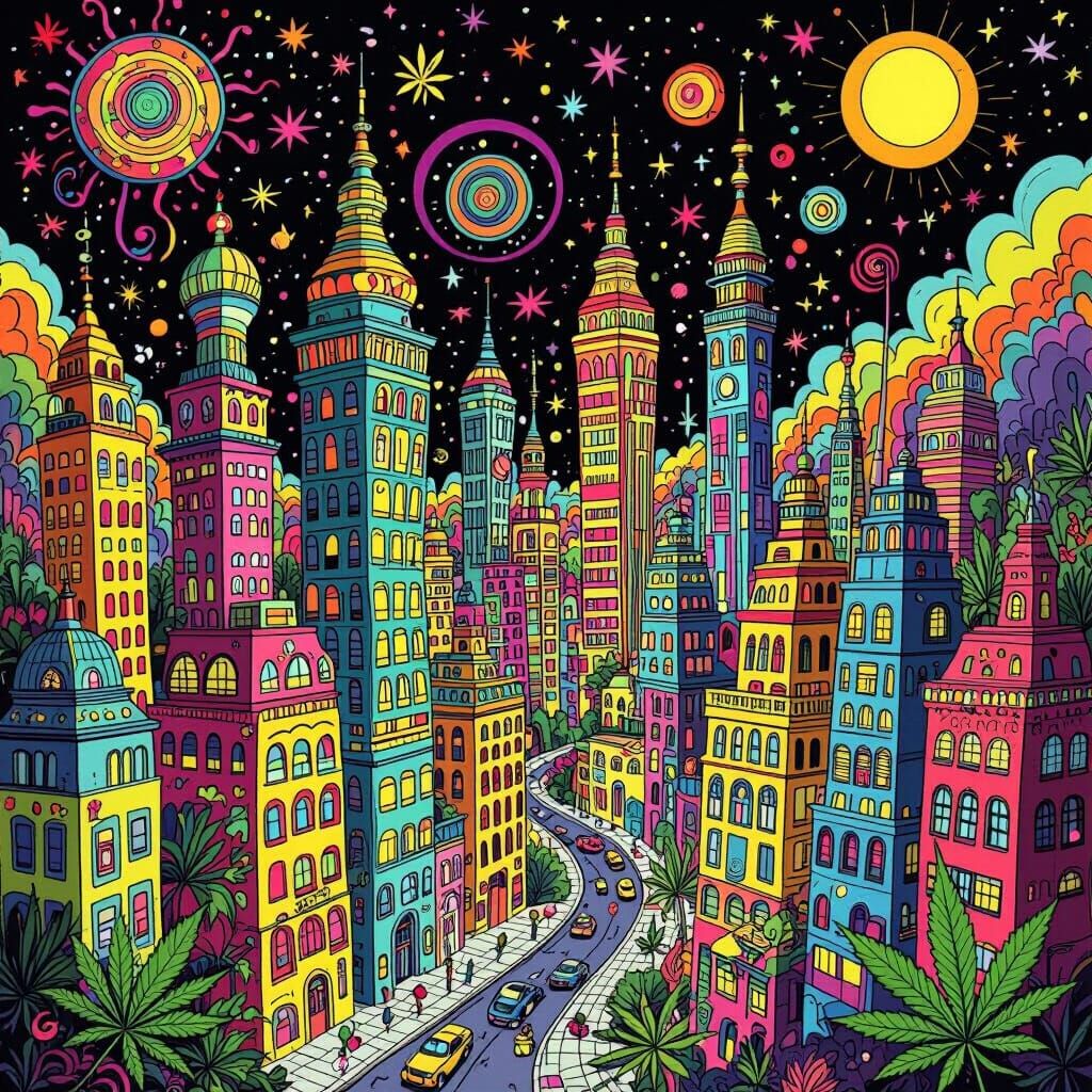 Psychedelic Cartoon Cityscape Inspired by Comic Art