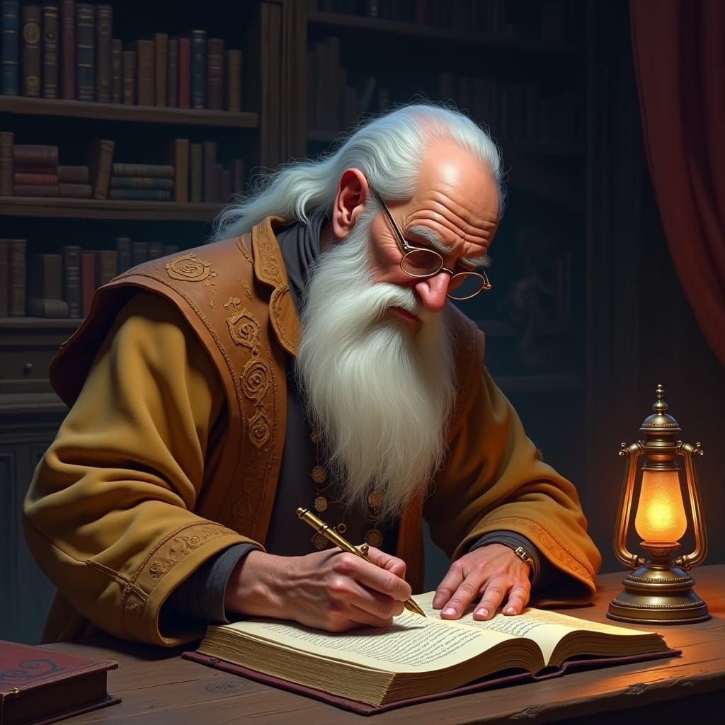 Sage Writing Book in Ornate Library, Fantasy Art