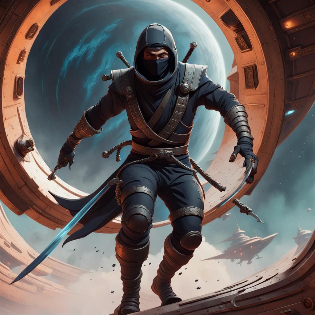 Ninja Enters Spaceship with Daggers, Frank Frazetta Style