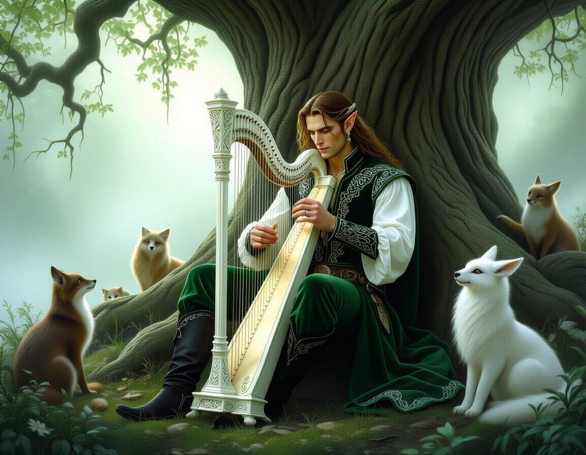 Elven Bard Plays Harp in Mystical Forest