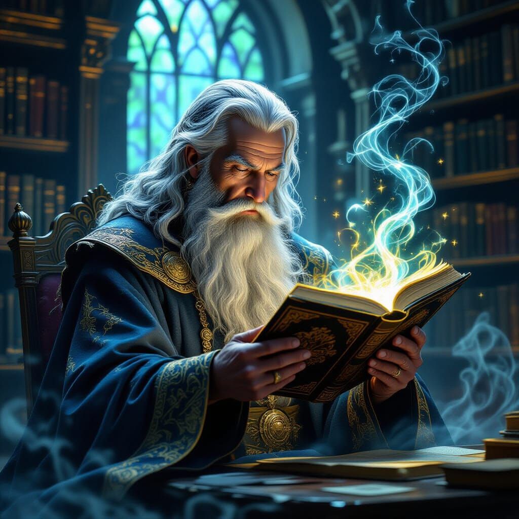 Wizard Reading Ancient Book in Mystical Library