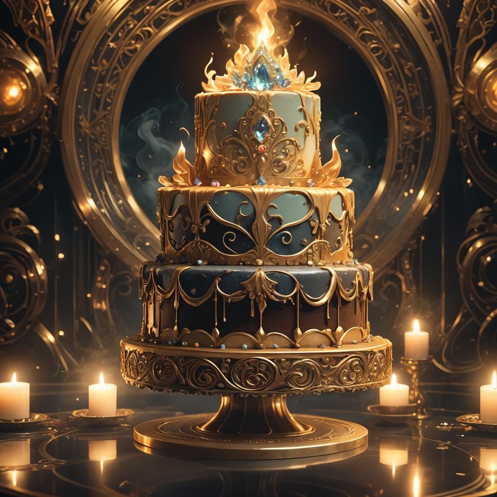 Ornate Cake on Golden Pedestal: Surreal Art Deco