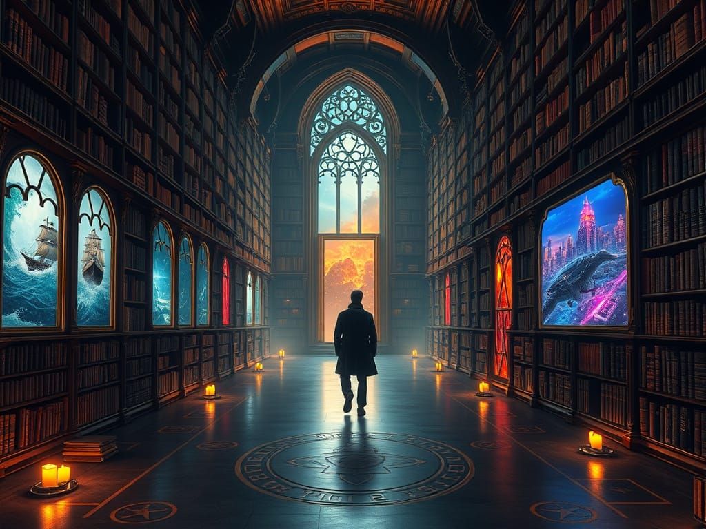 Endless Library with Mysterious Tomes and Enchanted Portals