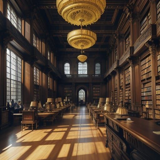 Grand, High-Ceilinged Library with Lush Greenery and Warm Li...