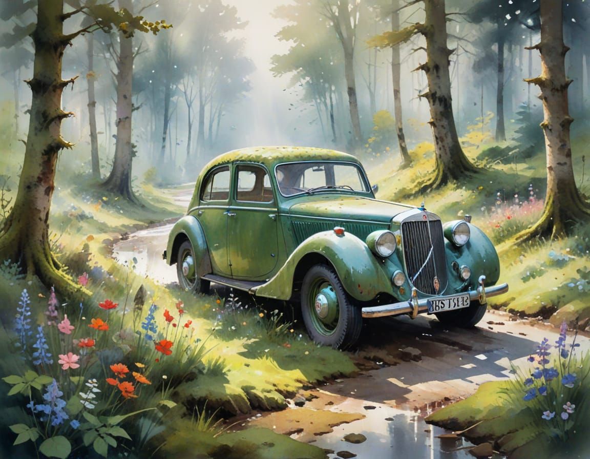 Vintage Car Reclaimed by Nature in Watercolor Style