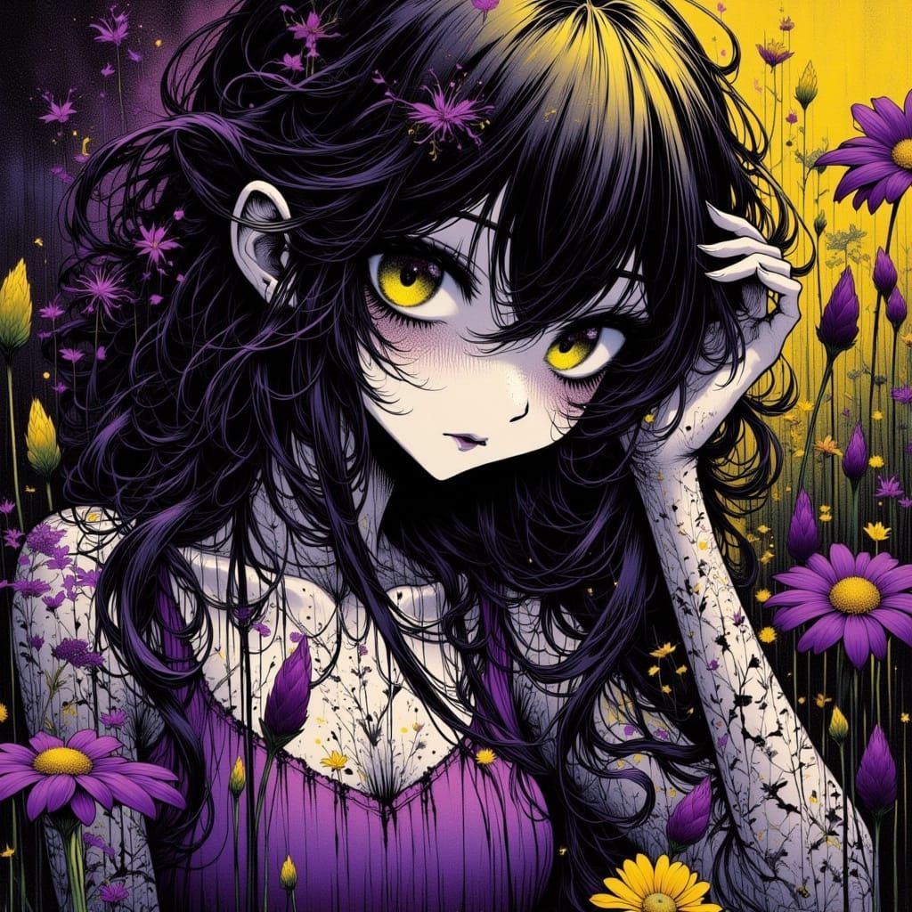 Beautiful Woman With Fractured Zentangle Skin in 80s Anime S...