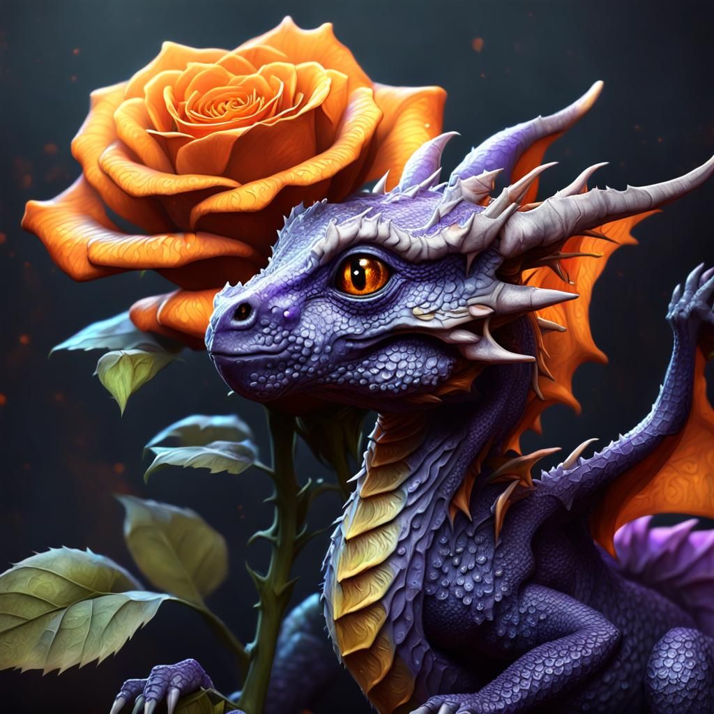 Cute Baby Dragon on Rose, Dark Fantasy Art