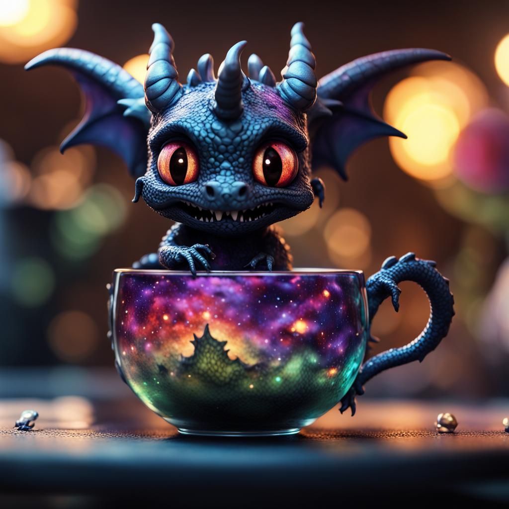 Adorable Chibi Demon Dragon in Teacup