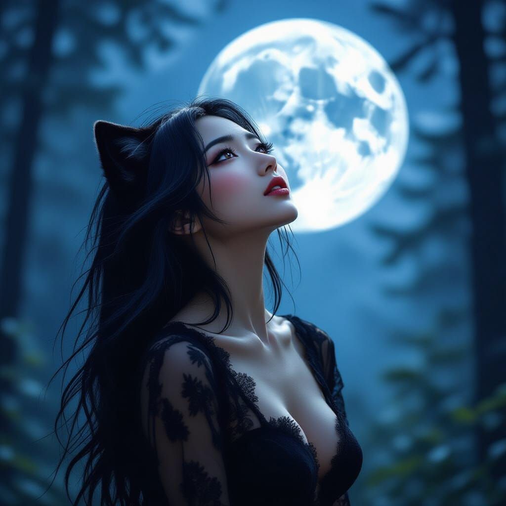 Werewolf Woman Howling at Moon in Forest