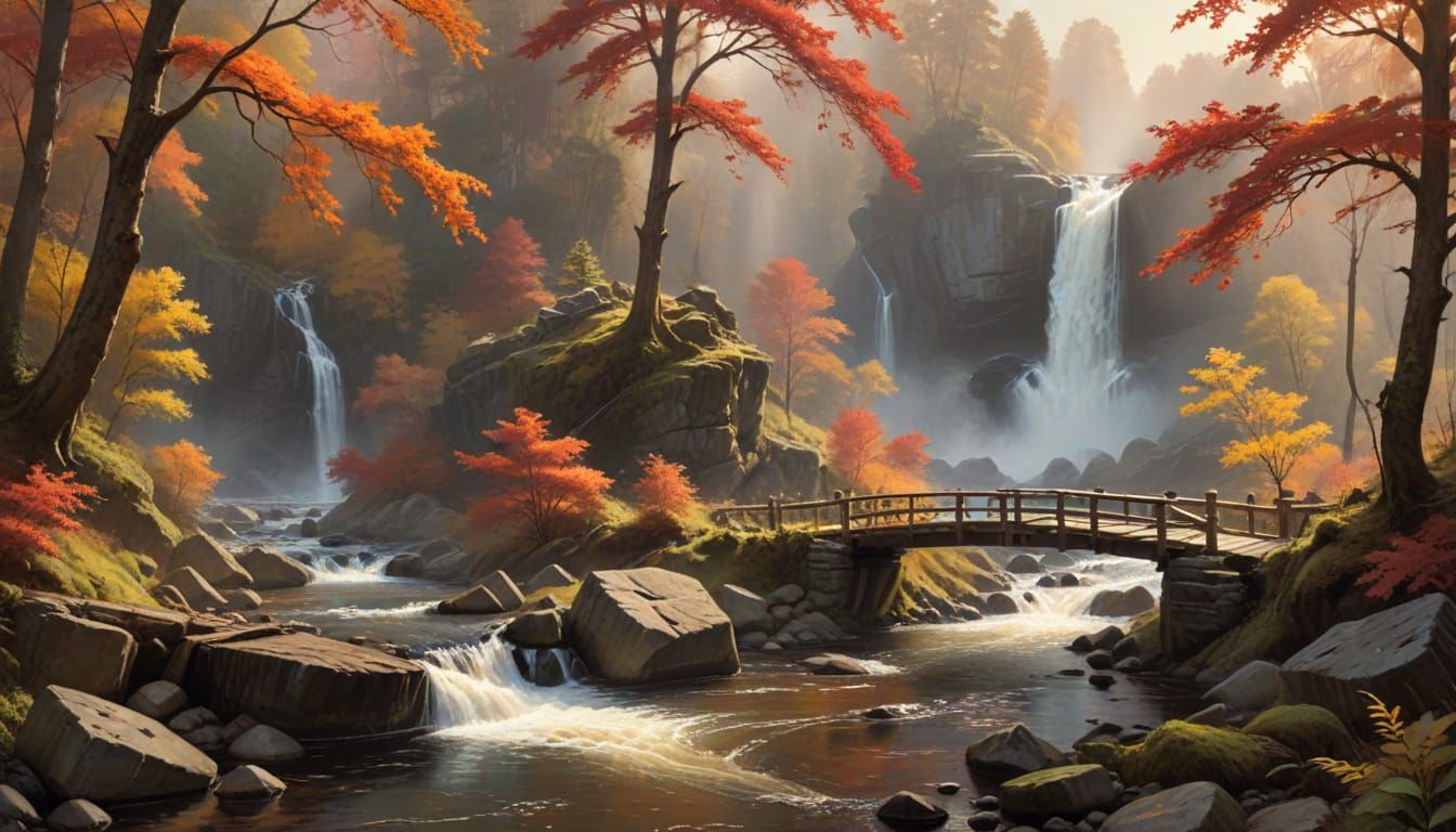 Majestic Autumn Waterfall in Romantic Landscape Style
