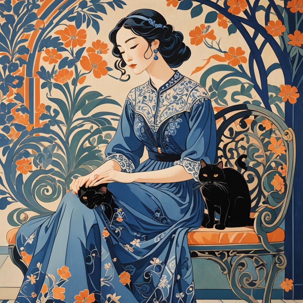 Elegant Girl and Cat in Art Nouveau Style