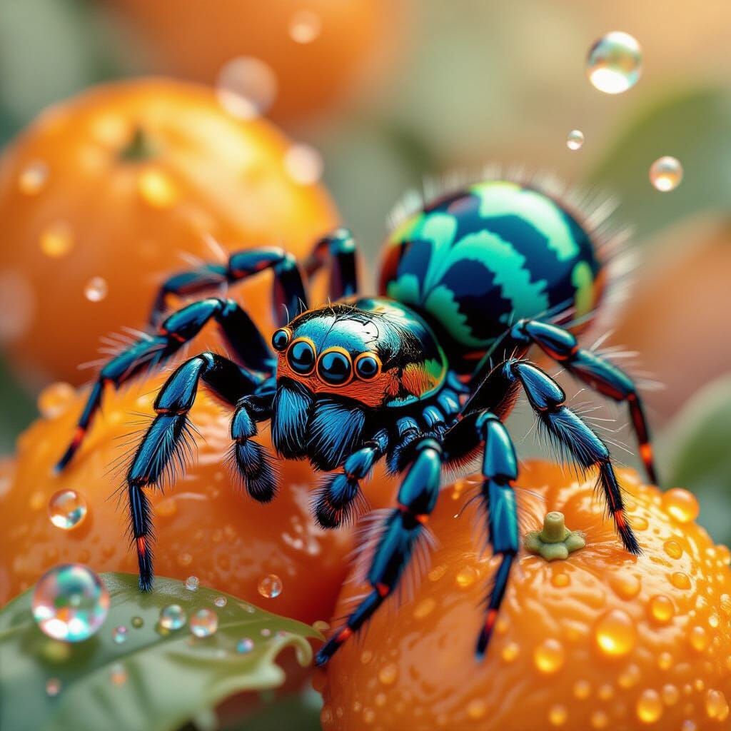 Peacock Spider with Orange Markings in Woodcut Style