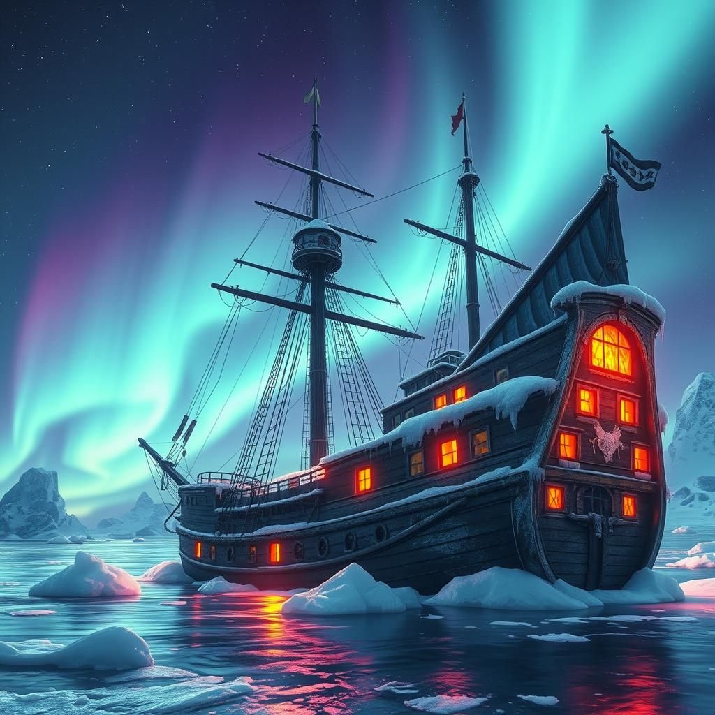 Frozen Pirate Ship Under Aurora Borealis in 3D Anime Style