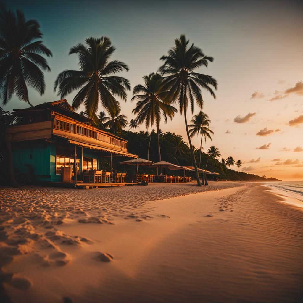 Tropical Beach at Sunset: Cinematic Film Still