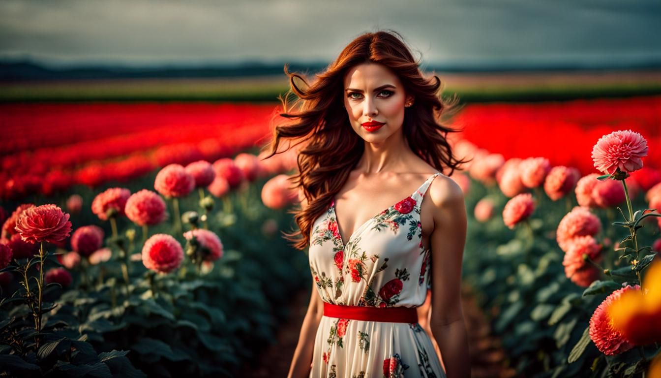 Auburn-Haired Woman in Flower Field, Photorealistic Oil Pain...