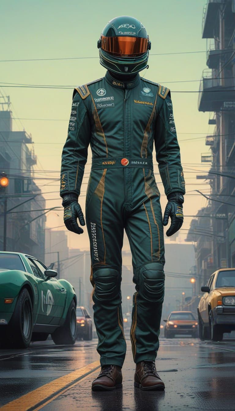 Confident Formula 1 Driver in Sleek Green Racing Suit