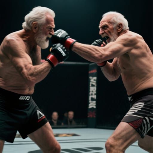 Intense MMA Fight Between Elderly Men in Cinematic Style