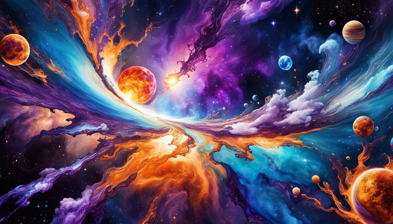 Two Planets Colliding in Space as Alcohol Ink