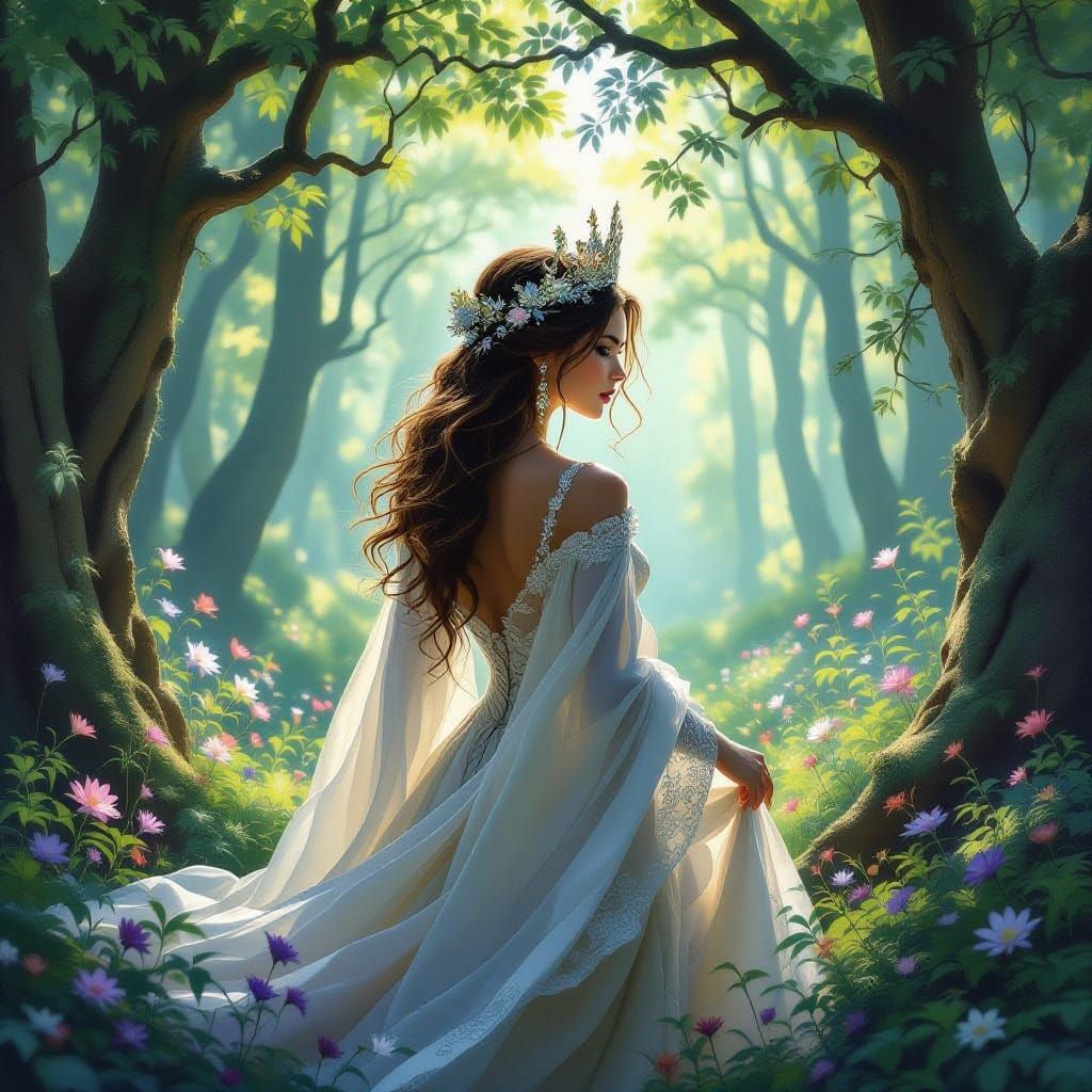 Regal Queen Surveys Enchanted Forest in Impressionist Style