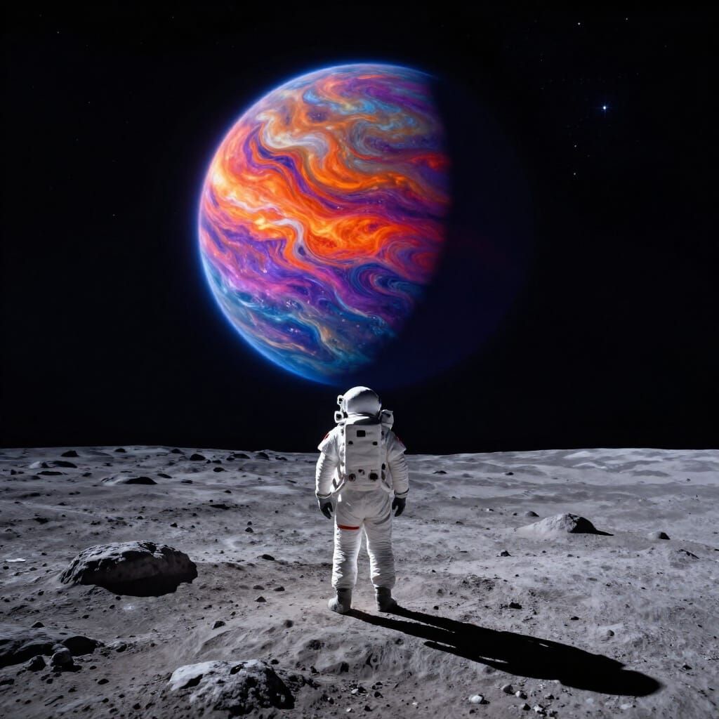 Astronaut Gazes at Vibrant Planet from Moon Surface