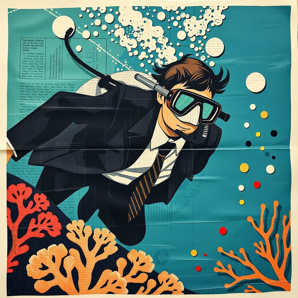 Abstract Scuba Diving Scene in Vintage Newspaper Style