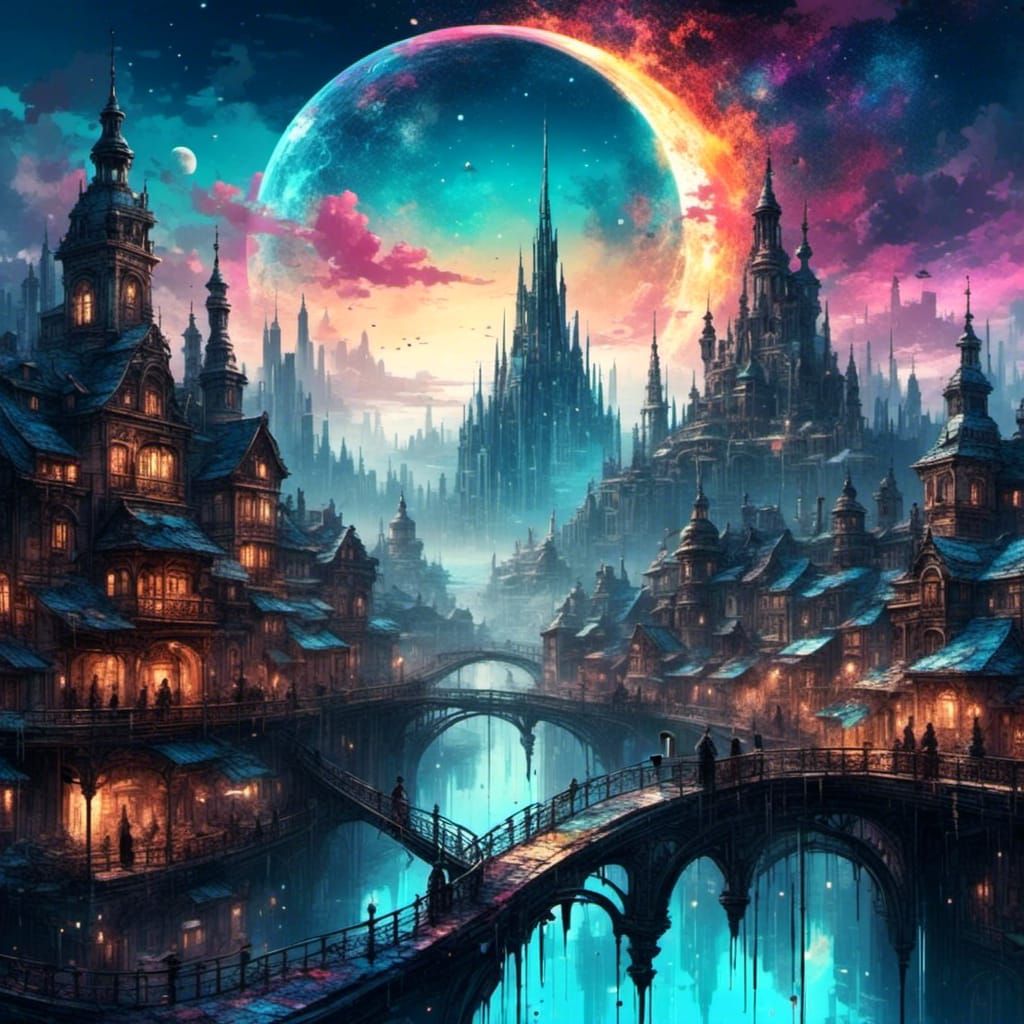 Dreamy Glitchcore Cityscape Floating on Half Moon