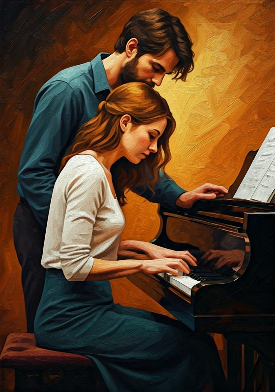 Man and Woman Share Intimate Piano Moment