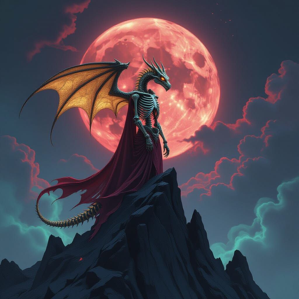 Skeletal Dragon with Golden Scales and Crimson Cloth