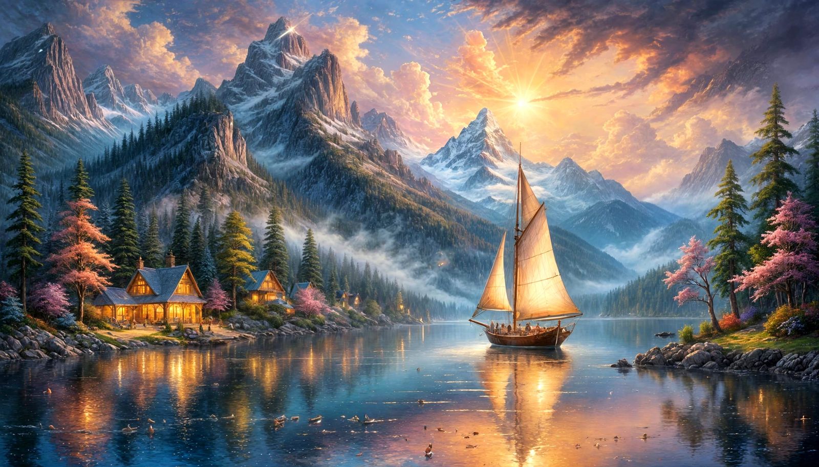 Golden Sailboat on Twilight Lake Landscape